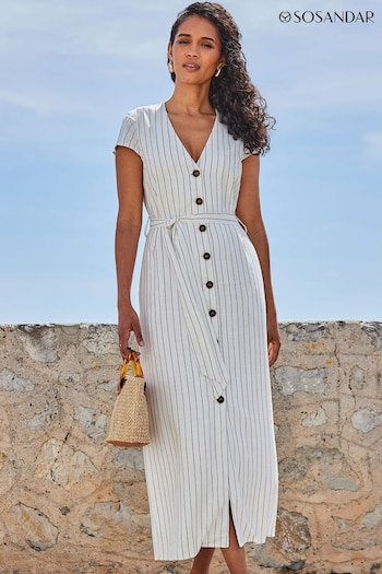Sosandar White Pinstripe Belted Maxi Dress alta (Q61093) | £85