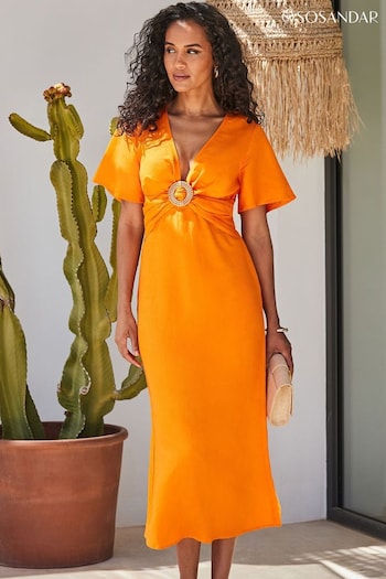 Sosandar Orange Linen Blend Angel Sleeve Midi Dress (Q61097) | £79