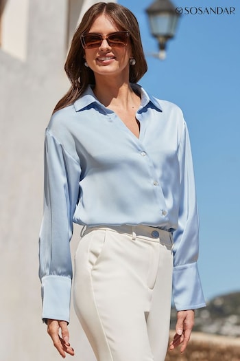 Sosandar Blue Relaxed Fit Satin Longline Shirt (Q61109) | £49