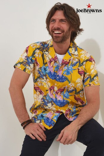 Joe Browns Yellow Tropical Bird Print Short Sleeve Open Flat Collar Shirt (Q61335) | £43
