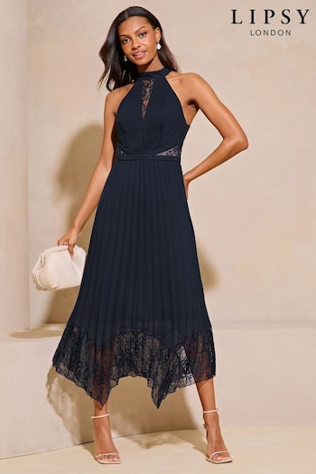 Lipsy Navy Blue Petite Halter Pleated Lace Midi Dress (Q61478) | £92