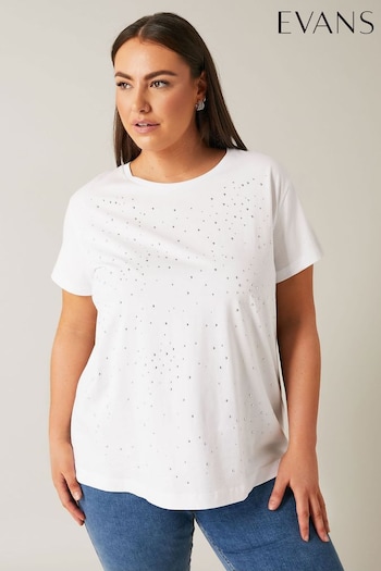 EVANS Curve White Stud Embellished Pure Cotton T-Shirt (Q61634) | £26