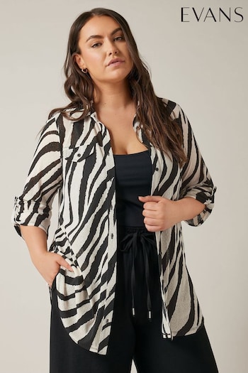 EVANS Curve Black & White Zebra Markings Tab Sleeve Blouse (Q61638) | £36