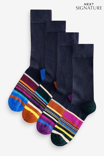 Navy Blue Striped Signature Bamboo Socks 4 Pack (Q61822) | £14