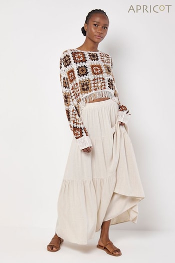 Apricot Natural Fringed Crochet Squares Poncho Top (Q62305) | £35