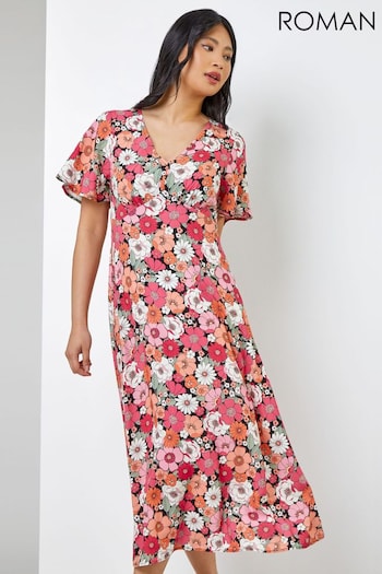 Roman Pink Petite Floral Print Flute Sleeve Dress (Q62308) | £40