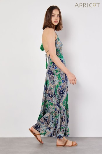 Apricot Blue Satin Scarf Print Maxi sequin Dress (Q62329) | £35