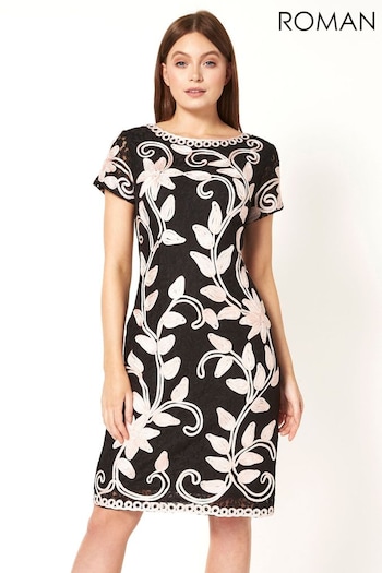 Roman Black Floral Contrast Tapework Dress (Q62377) | £70