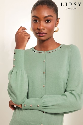 Lipsy Green Petite Ladder Trim Knitted Crew Neck Cardigan (Q62428) | £32