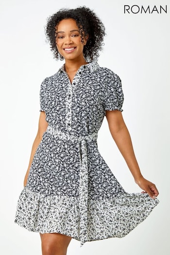 Roman Black Petite Ditsy Floral Shirt Dress (Q62471) | £40