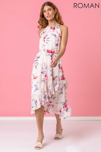 Roman Pink Floral Asymmetric Belted Midi Dress (Q62475) | £55