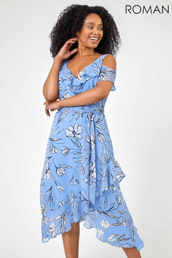 Roman Blue Petite Floral Print Cold Shoulder Midi Dress (Q62505) | £55
