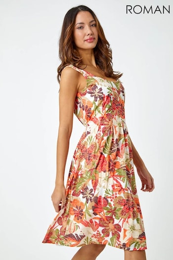 Roman Orange Tropical Leaf Stretch Jersey Dress (Q62513) | £40