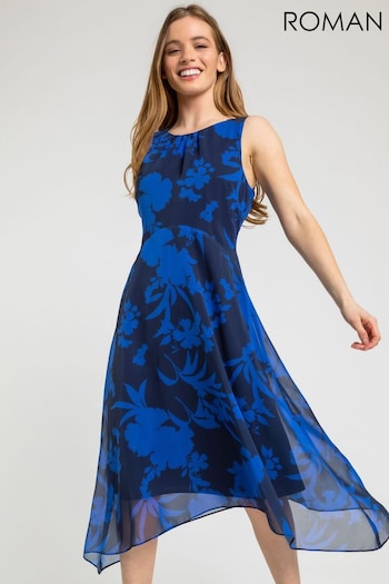 Roman Blue Petite Floral Print Chiffon Dress (Q62536) | £50
