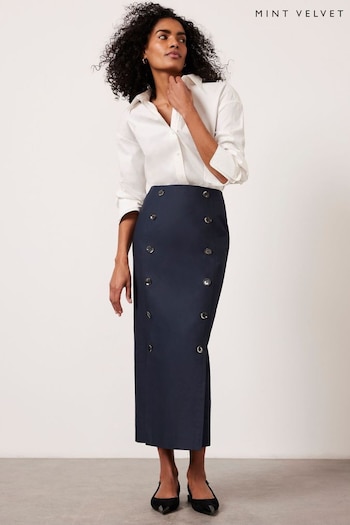 Mint Velvet Blue Navy Cotton Button Maxi Skirt (Q62541) | £99