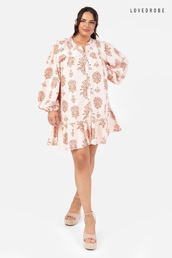 Lovedrobe Cream Long Sleeve Tiered Hem Mini Pink Dress (Q62566) | £49