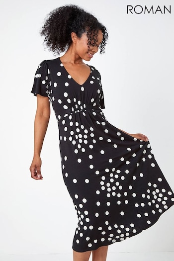 Roman Black Petite Polka Dot Stretch Midi Dress (Q62589) | £40