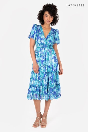 Lovedrobe Blue Shirring Waist Puff Sleeve Midi Dress (Q62623) | £55