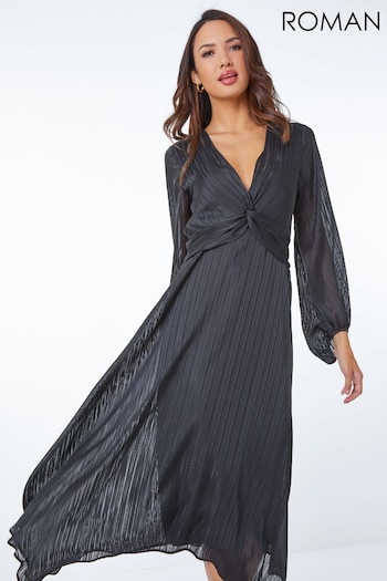 Roman Black Twist Detail Striped Midi Dress (Q62760) | £55