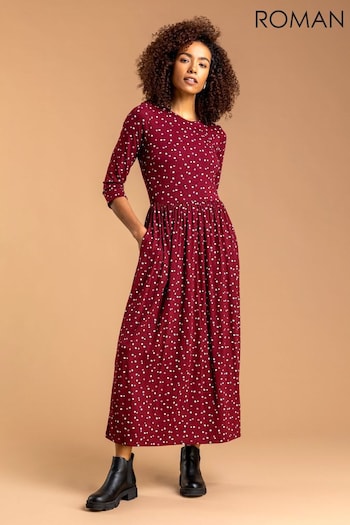 Roman Red Ditsy Floral Print Midi Dress Tricot (Q62892) | £40