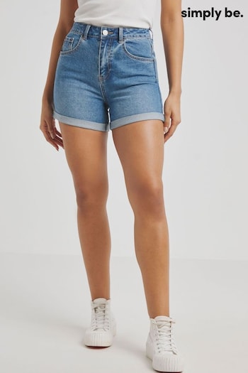 Simply Be Mid Blue Mom Roll Hem skinny Shorts (Q63013) | £26