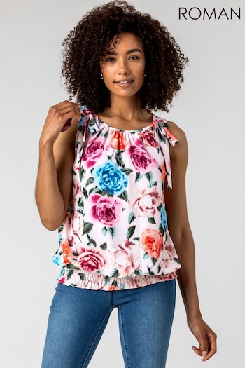 Roman Pink Bow Detail Floral Shirred Top (Q63095) | £25