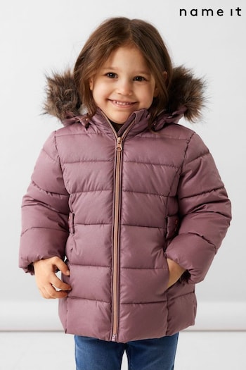 Name It Pink Glitter Padded Coat With Detachable Faux Fur Hood (Q63149) | £52