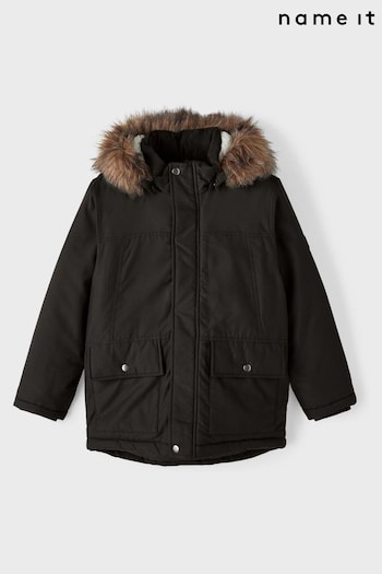 Name It Black Zip Up Faux Fur Parka Jacket (Q63170) | £16.50