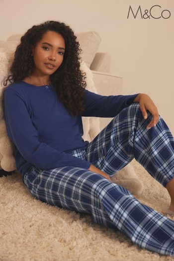M&Co Blue Long Sleeve Jersey Woven Pyjama Set (Q63281) | £34
