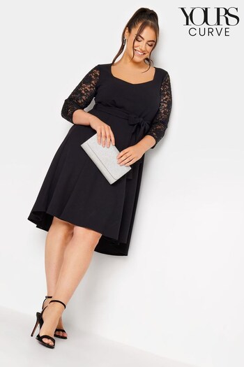 Yours Curve Black London Sequin Lace Sleeve Skater Dress (Q63322) | £51