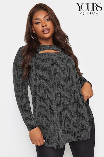 Yours Curve Silver Cut Out Party Long Sleeve Swing Top (Q63333) | £26