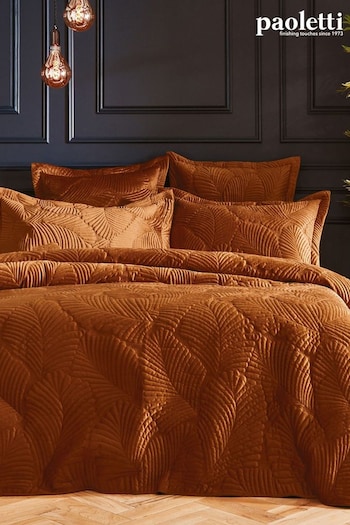 Paoletti Orange Palmeria Quilted Velvet Duvet Cover and Oxford Border Pillowcase Set (Q63399) | £59 - £109