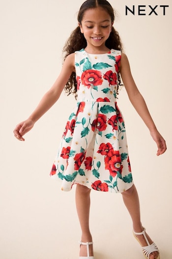 Red/White Flower Print Cut Out Detail Scuba Occasion Dress (1.5-16yrs) (Q63540) | £23 - £31