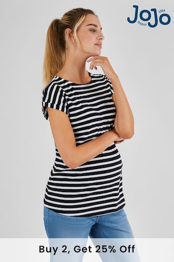 JoJo Maman Bébé Black White Stripe Boyfriend Cotton Maternity T-Shirt (Q63573) | £16.50