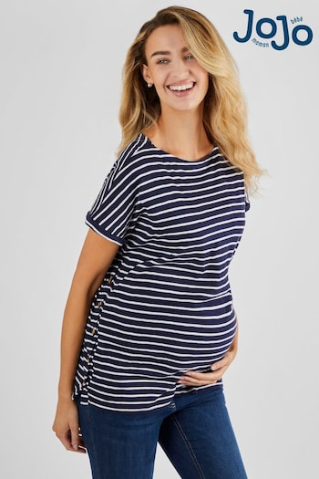 JoJo Maman Bébé Navy Blue & White Stripe Drop Shoulder Maternity & Nursing T-Shirt (Q63578) | £26