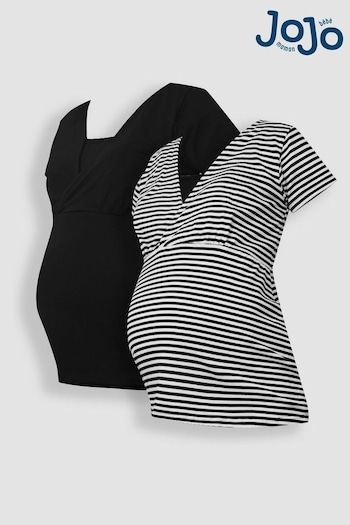 JoJo Maman Bébé Black & Black Ecru Tailor Stripe 2-Pack Maternity & Nursing T-Shirts (Q63584) | £36