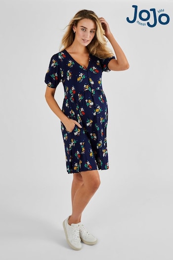 JoJo Maman Bébé Navy Blue Floral Ditsy Print V-Neck Maternity Dress (Q63585) | £42