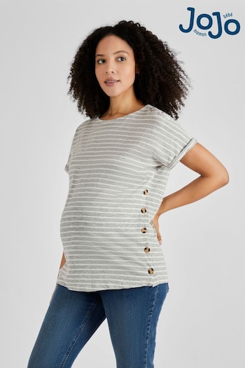 JoJo Maman Bébé Grey & Ecru Cream Stripe Drop Shoulder Maternity & Nursing T-Shirt (Q63586) | £20.50