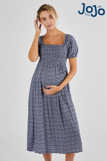 JoJo Maman Bébé Navy Blue Ditsy Shirred Maternity Midi hemline Dress (Q63587) | £49.50