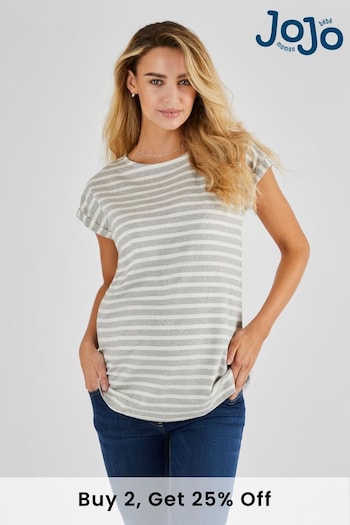 JoJo Maman Bébé Marl Grey Ecru Cream Stripe Boyfriend Cotton Maternity T-Shirt (Q63598) | £16.50