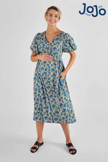 JoJo Maman Bébé Blue Yellow Floral Puff Sleeve Maternity Midi Dress (Q63601) | £49.50