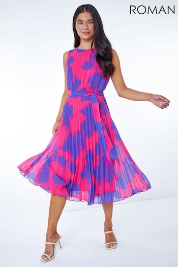 Roman Pink Petite Linear Floral Print Pleated Dress (Q63687) | £65
