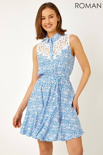 Roman Blue Sleeveless Lace Trim Floral Shirt Dress (Q63700) | £40
