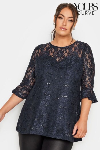 Yours Curve Blue Sweetheart Neck Lace Party Swing Top (Q63779) | £31