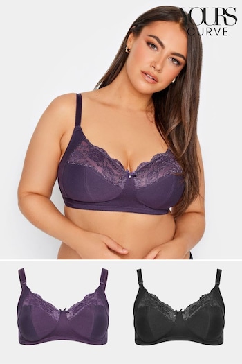 Yours Curve Purple Cotton Lace Nonwired Nonpadded Bra 2 Pack (Q63808) | £37