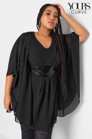 Yours Curve Black LUXE Embellished Waist Cape Top (Q63821) | £45
