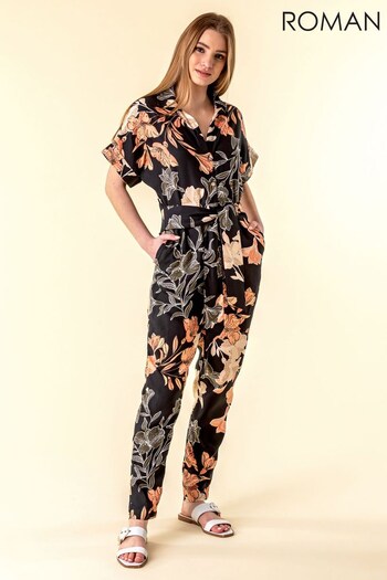 Roman Black Belted Floral Print Jumpsuit (Q63999) | £40
