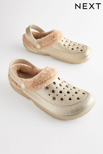 Gold Faux Fur Lined Clog Slippers Womens (Q64024) | £18