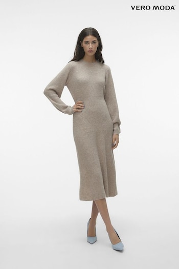 VERO MODA Natural Waisted Long Sleeve Midi Knitted Jumper Dress (Q64058) | £45