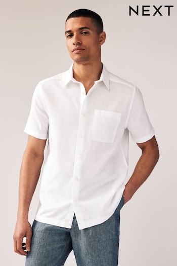 White Standard Collar Linen Blend Short Sleeve Shirt (Q64077) | £28